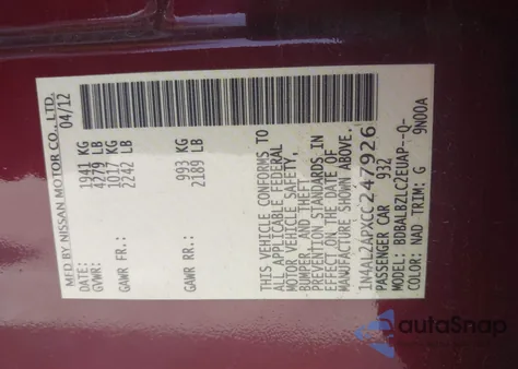 2012 Nissan Altima 2.5 S z USA, uszkodzony, nr VIN 1N4AL2APXCC247926